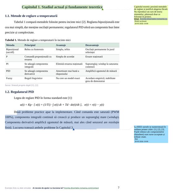 Pagina 7: Capitolul 1. Stadiul actual și fundamente teoretice, din exemplul de lucrare de licență la Automatică și Mecatronică