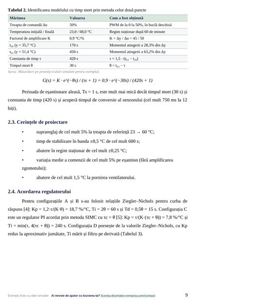 Pagina 9: 2.4. Acordarea regulatorului, din exemplul de lucrare de licență la Automatică și Mecatronică