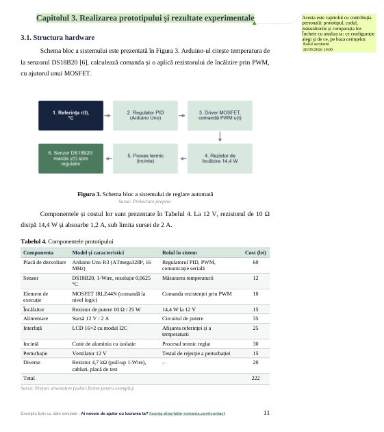 Schema bloc și componentele prototipului din exemplul de proiect de licență la Automatică și Mecatronică