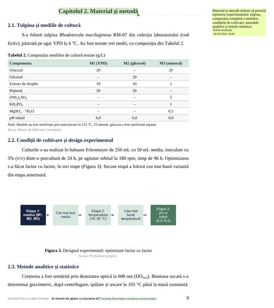 Pagina 9: Capitolul 2. Material și metodă, din exemplul de lucrare de licență la Biotehnologii