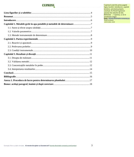 Cuprinsul, din exemplul de lucrare de licență la Chimie