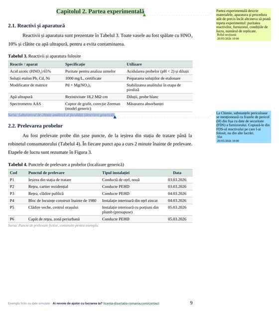 Pagina 9: Capitolul 2. Partea experimentală, din exemplul de lucrare de licență la Chimie