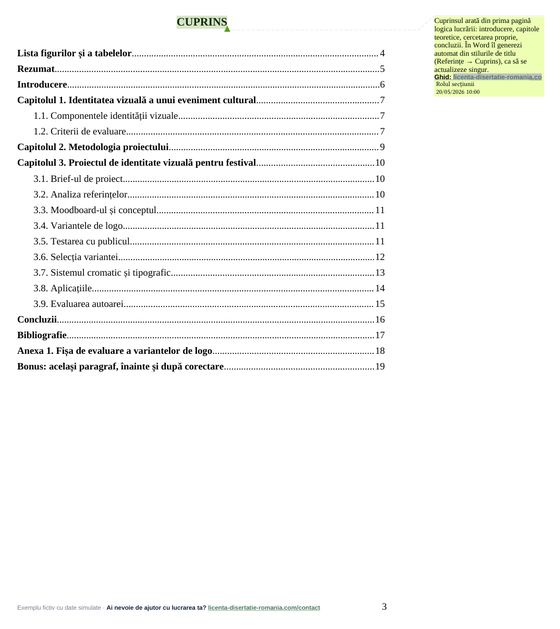 Cuprinsul, din exemplul de lucrare de licență la Design