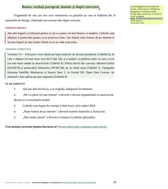 Pagina 19: Bonus: același paragraf, înainte și după corectare, din exemplul de lucrare de licență la Design