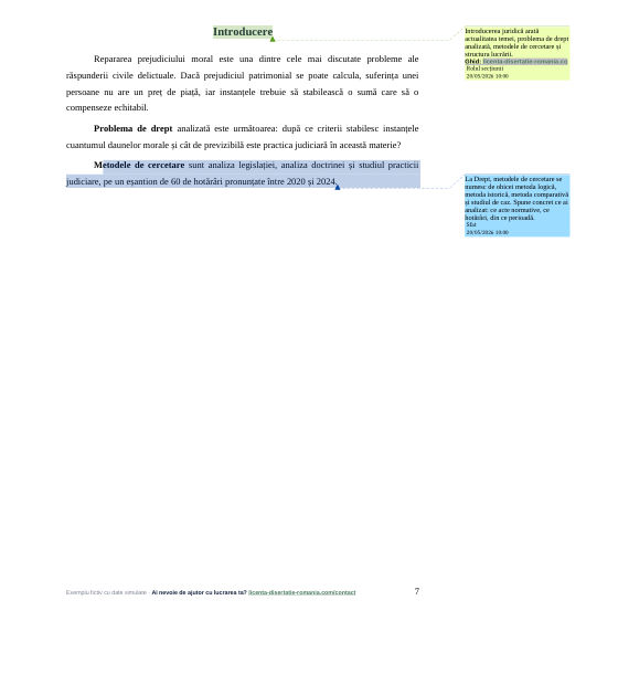 Introducerea din exemplul de lucrare de licență la Drept, cu comentarii pe margine