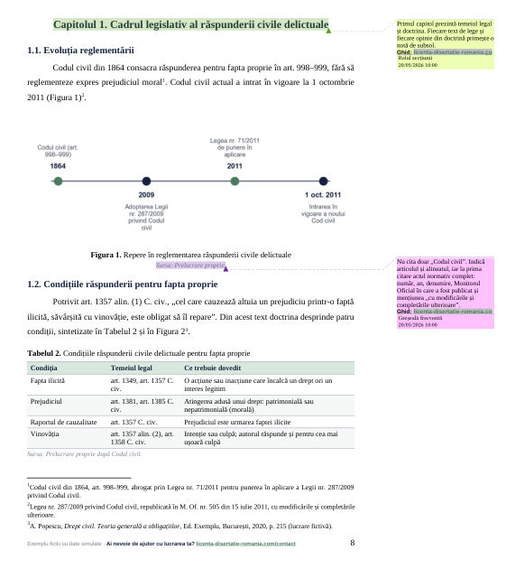Pagină din exemplul de lucrare de licență la Drept, cu trei note de subsol: Codul civil din 1864, Legea nr. 287/2009 și o lucrare de doctrină