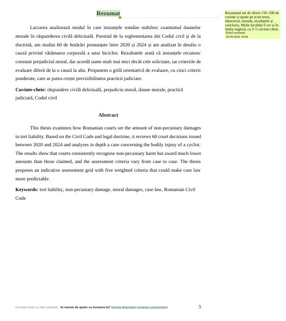 Pagina de rezumat și abstract din exemplul de lucrare de licență la Drept, cu comentariu pe margine