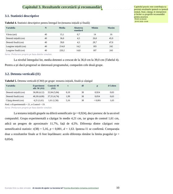 Pagina 10: Capitolul 3. Rezultatele cercetării și recomandări, din exemplul de lucrare de licență la Educație Fizică și Sport