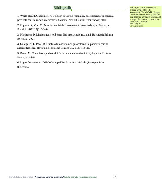Bibliografia în stil Vancouver din exemplul de lucrare de licență la Farmacie, cu comentariu pe margine
