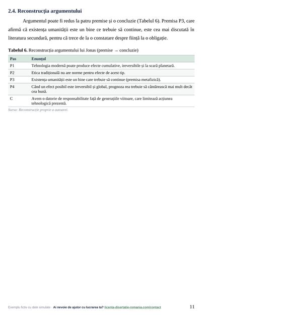 Pagina 11: 2.4. Reconstrucția argumentului, din exemplul de lucrare de licență la Filosofie