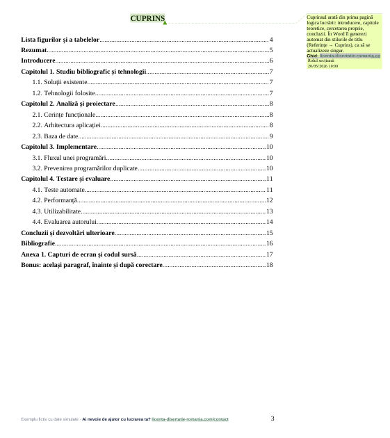 Pagină de exemplu pentru ghidul: Cuprinsul