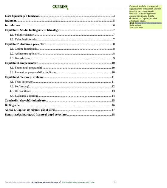 Cuprinsul, din exemplul de lucrare de licență la Informatică