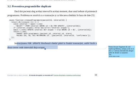 Fragment de cod explicat, din capitolul de implementare al exemplului de proiect de licență la Informatică
