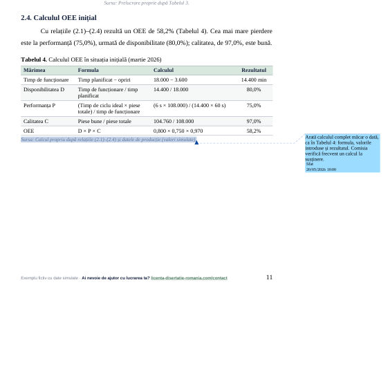 Calculul OEE inițial, pas cu pas, din exemplul de proiect de licență la Inginerie
