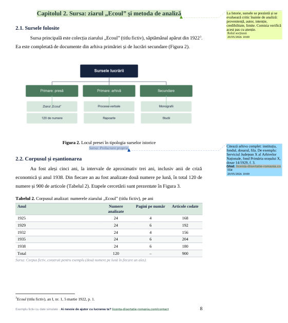 Pagină din exemplul de lucrare de licență la Istorie, cu o notă de subsol care citează un număr de ziar