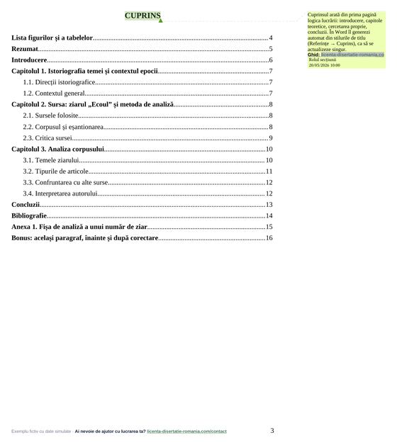 Cuprinsul, din exemplul de lucrare de licență la Istorie