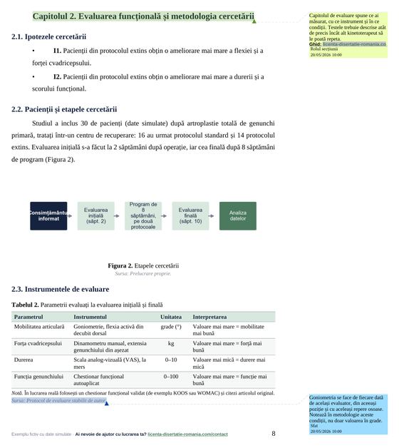Pagina 8: Capitolul 2. Evaluarea funcțională și metodologia cercetării, din exemplul de lucrare de licență la Kinetoterapie
