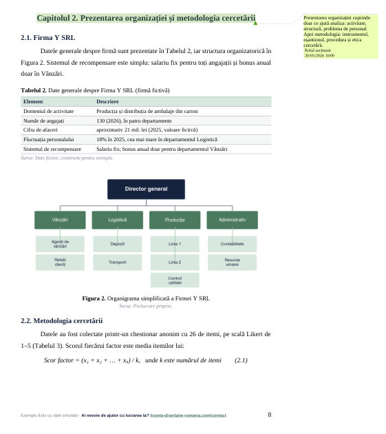 Prezentarea firmei și metodologia din exemplul de lucrare de licență la Management, cu organigrama simplificată