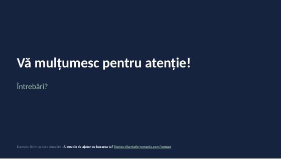 Slide-ul de final „Vă mulțumesc pentru atenție! Întrebări?” din exemplul de prezentare de licență la Marketing
