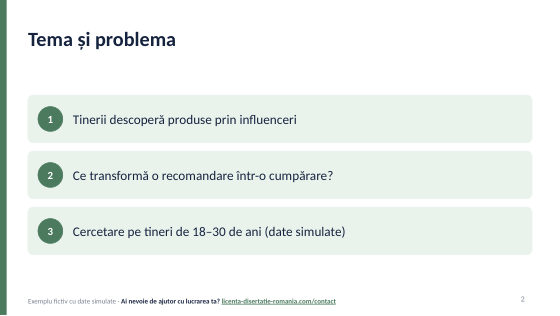 Slide-ul „Tema și problema” din exemplul de prezentare de licență la Marketing, cu trei idei numerotate