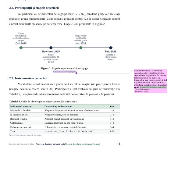 Participanții, etapele experimentului și grila de observație din exemplul de lucrare de licență la Pedagogie