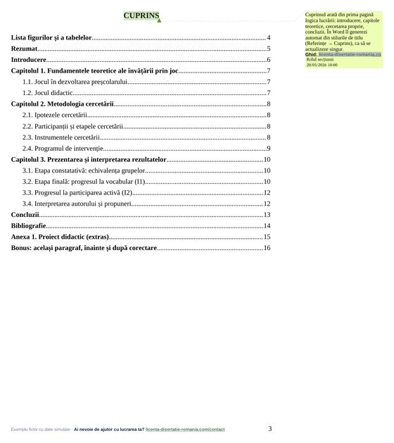 Cuprinsul, din exemplul de lucrare de licență la Pedagogie și Științe ale Educației