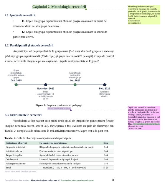 Pagina 8: Capitolul 2. Metodologia cercetării, din exemplul de lucrare de licență la Pedagogie și Științe ale Educației
