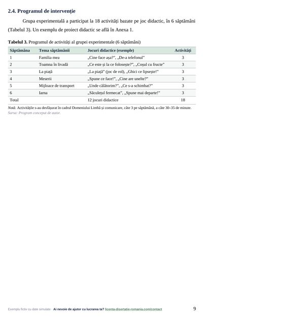 Pagina 9: 2.4. Programul de intervenție, din exemplul de lucrare de licență la Pedagogie și Științe ale Educației