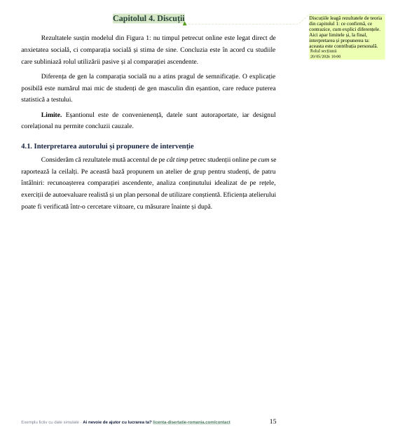Capitolul de discuții și interpretarea autorului din exemplul de lucrare de licență la Psihologie, cu comentariu pe margine
