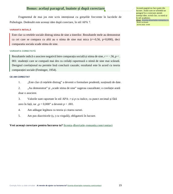 Același paragraf înainte și după corectare, cu formulare prudentă și sursă, din exemplul de licență la Psihologie