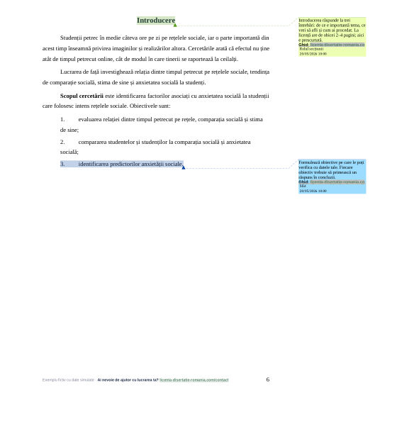 Introducerea din exemplul de lucrare de licență la Psihologie, cu comentarii pe margine