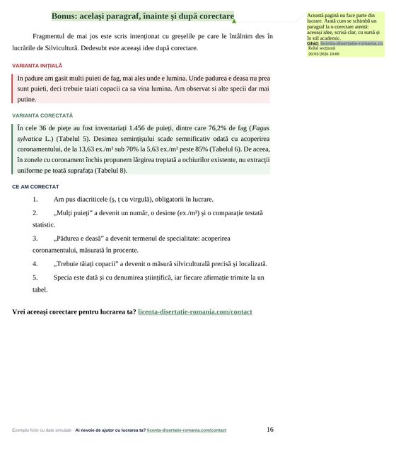 Pagina 16: Bonus: același paragraf, înainte și după corectare, din exemplul de lucrare de licență la Silvicultură