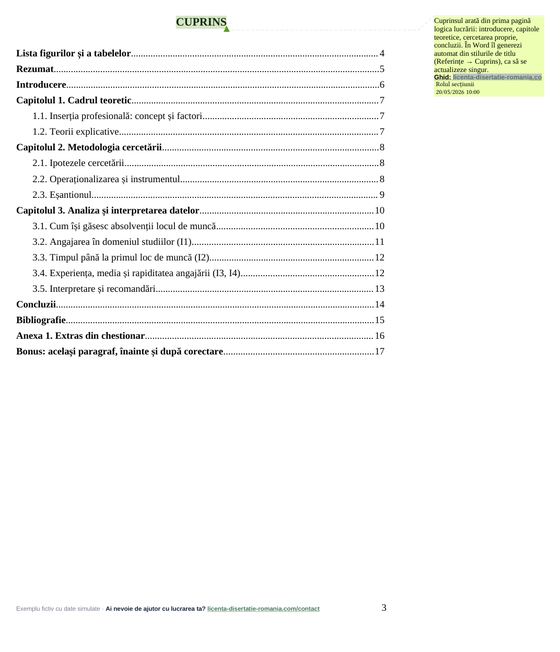 Cuprinsul, din exemplul de lucrare de licență la Sociologie