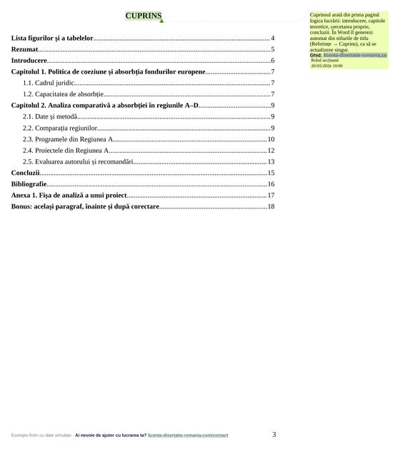 Cuprinsul, din exemplul de lucrare de licență la Studii Europene