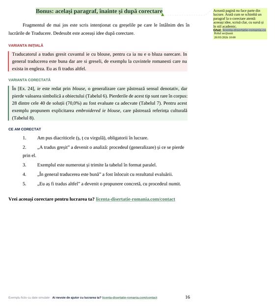 Pagina 16: Bonus: același paragraf, înainte și după corectare, din exemplul de lucrare de licență la Traducere și Interpretare