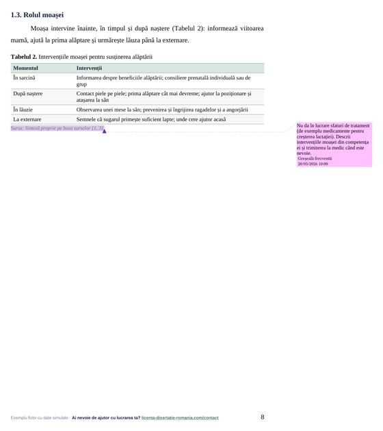 Pagina 8: 1.3. Rolul moașei, din exemplul de lucrare de licență la Moașe (UMF)