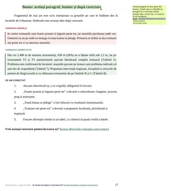 Pagina 17: Bonus: același paragraf, înainte și după corectare, din exemplul de lucrare de licență la Urbanism