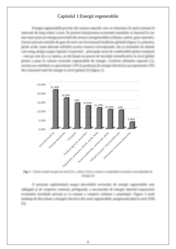 O pagină cu graficul din capitolul 1 dintr-o lucrare reală despre Energii regenerabile, cu textul estompat