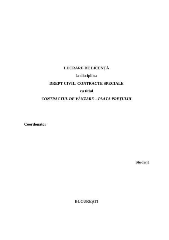 Pagina de titlu dintr-o lucrare reală despre Contractul de vânzare – plata prețului, cu textul estompat