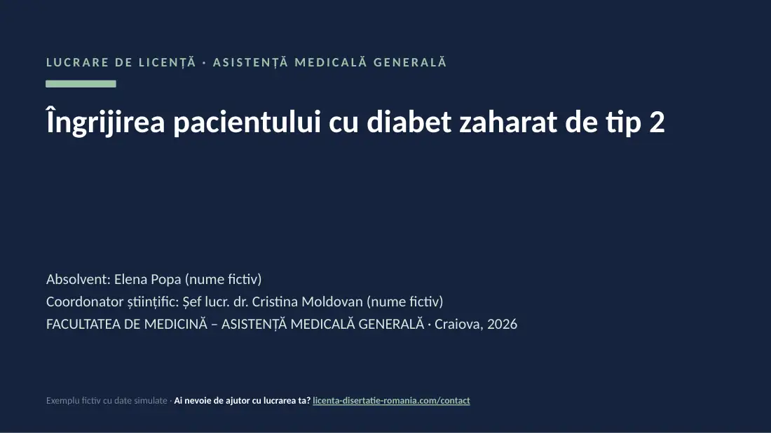 Slide de titlu din exemplul de prezentare de licență la Asistență Medicală: Îngrijirea pacientului cu diabet zaharat de tip 2