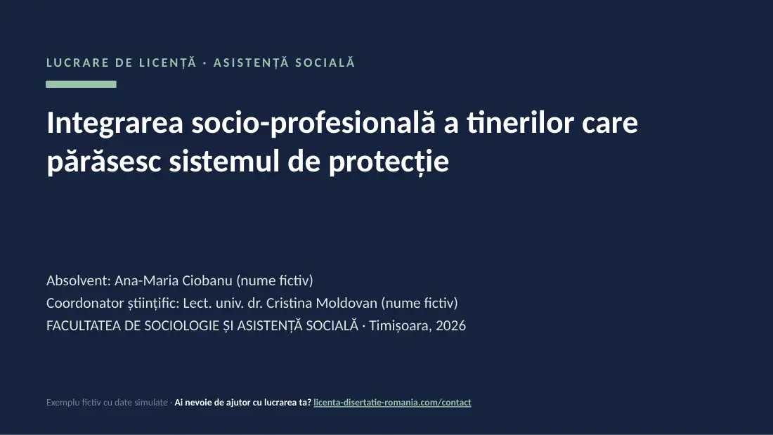 Slide de titlu din exemplul de prezentare de licență la Asistență Socială: Integrarea socio-profesională a tinerilor care părăsesc sistemul de protecție