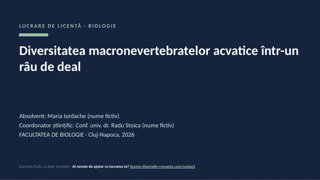 Slide de titlu din exemplul de prezentare de licență la Biologie: Diversitatea macronevertebratelor acvatice într-un râu de deal