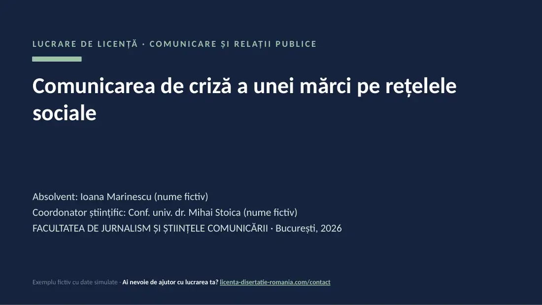 Slide de titlu din exemplul de prezentare de licență la Comunicare și Relații Publice: Comunicarea de criză a unei mărci pe rețelele sociale