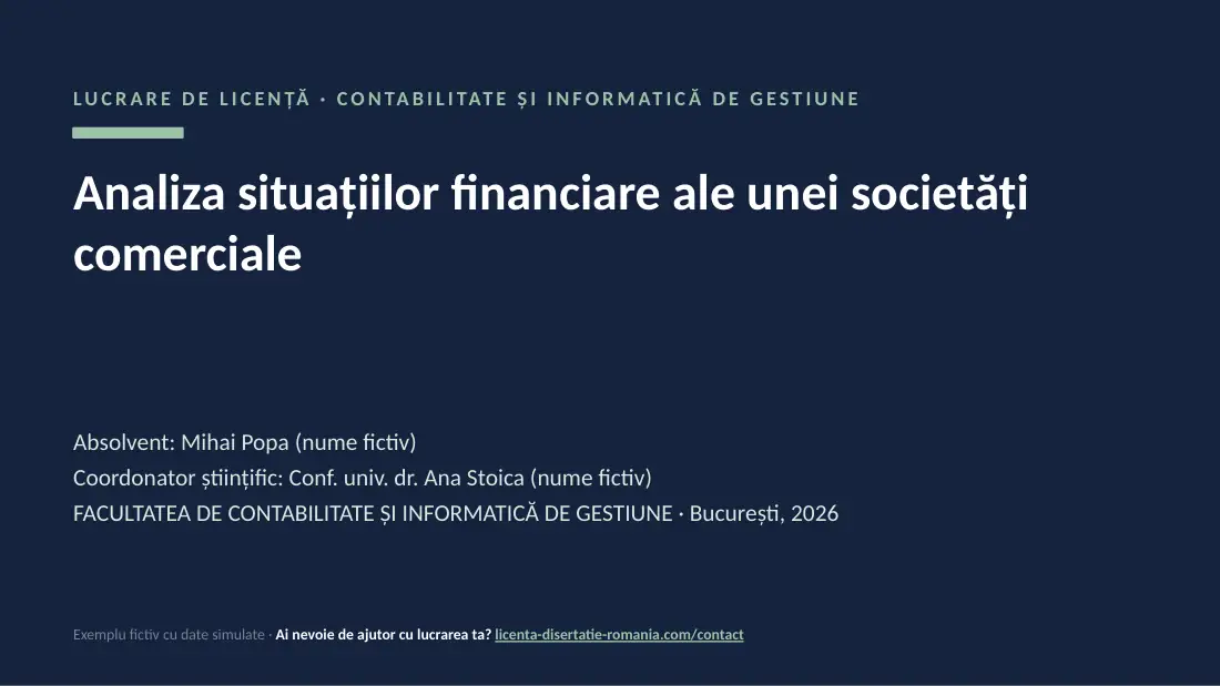 Slide de titlu din exemplul de prezentare de licență la Contabilitate: Analiza situațiilor financiare ale unei societăți comerciale