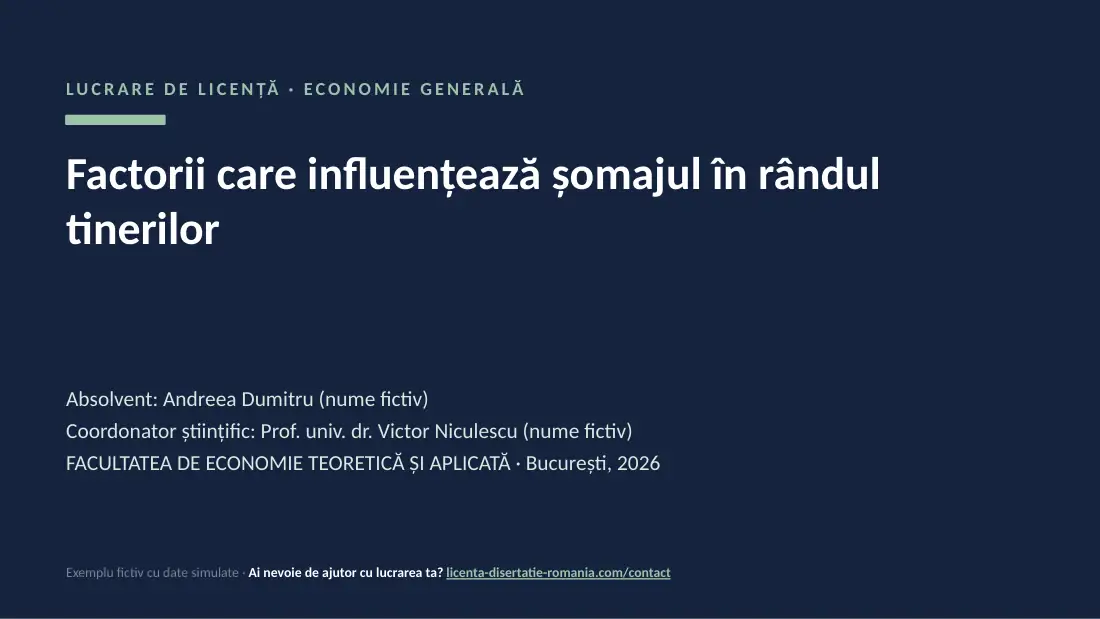 Slide de titlu din exemplul de prezentare de licență la Economie & ASE: Factorii care influențează șomajul în rândul tinerilor