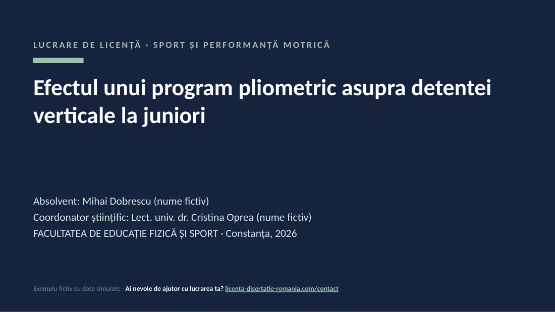 Slide de titlu din exemplul de prezentare de licență la Educație Fizică și Sport: Efectul unui program pliometric asupra detentei verticale la juniori