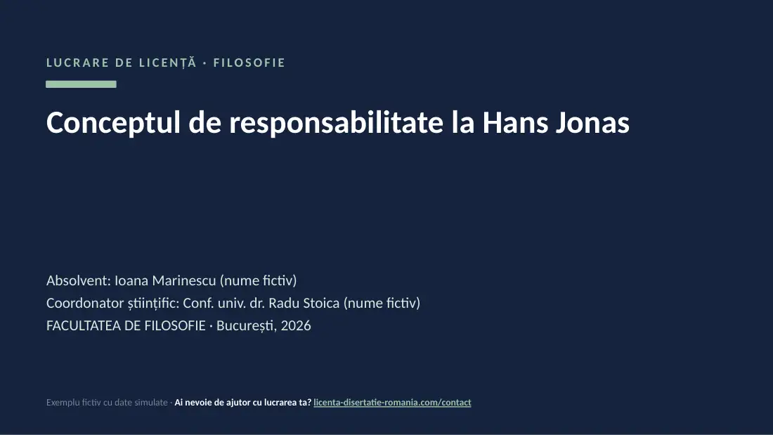 Slide de titlu din exemplul de prezentare de licență la Filosofie: Conceptul de responsabilitate la Hans Jonas