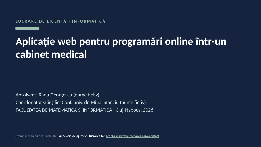 Slide de titlu din exemplul de prezentare de licență la Informatică: Aplicație web pentru programări online într-un cabinet medical