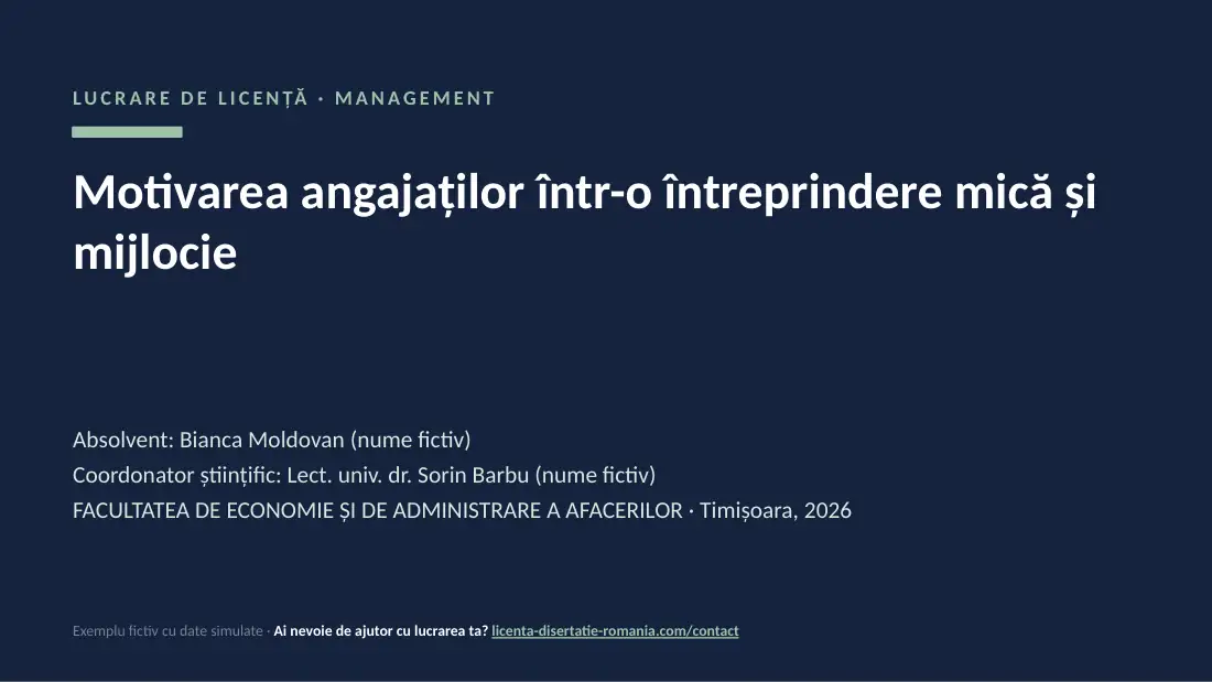 Slide de titlu din exemplul de prezentare de licență la Management: Motivarea angajaților într-o întreprindere mică și mijlocie