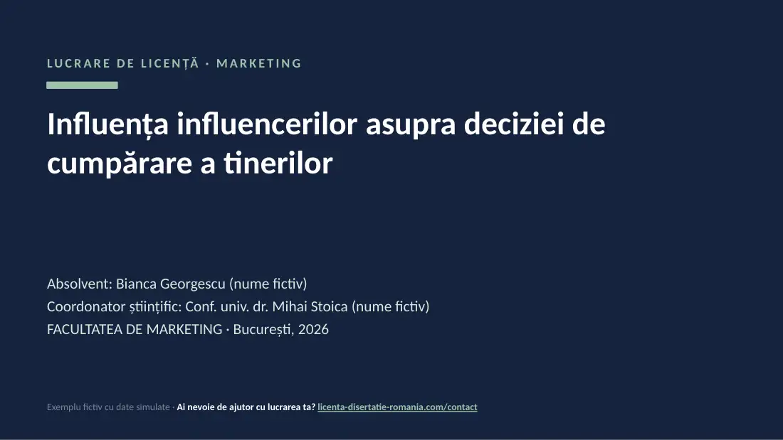 Slide de titlu din exemplul de prezentare de licență la Marketing: Influența influencerilor asupra deciziei de cumpărare a tinerilor